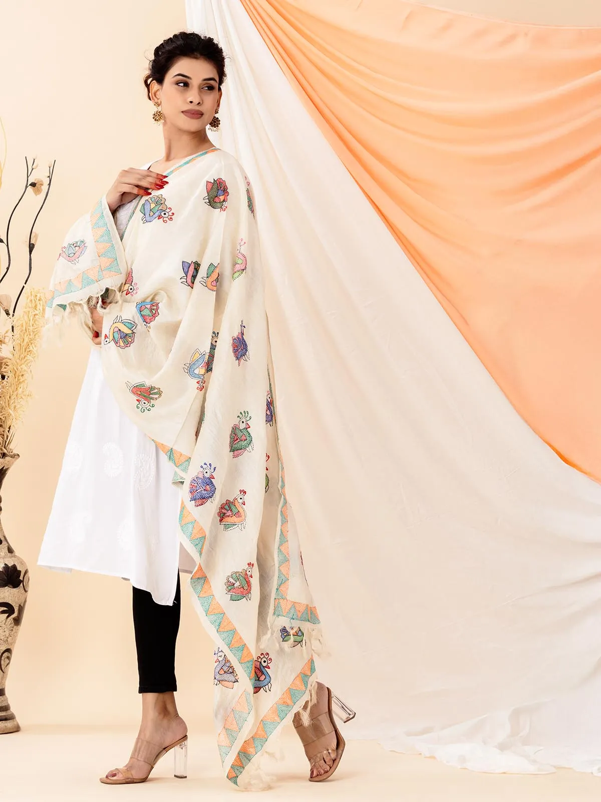 Silk Dupatta with Sujani Doll Embroidery