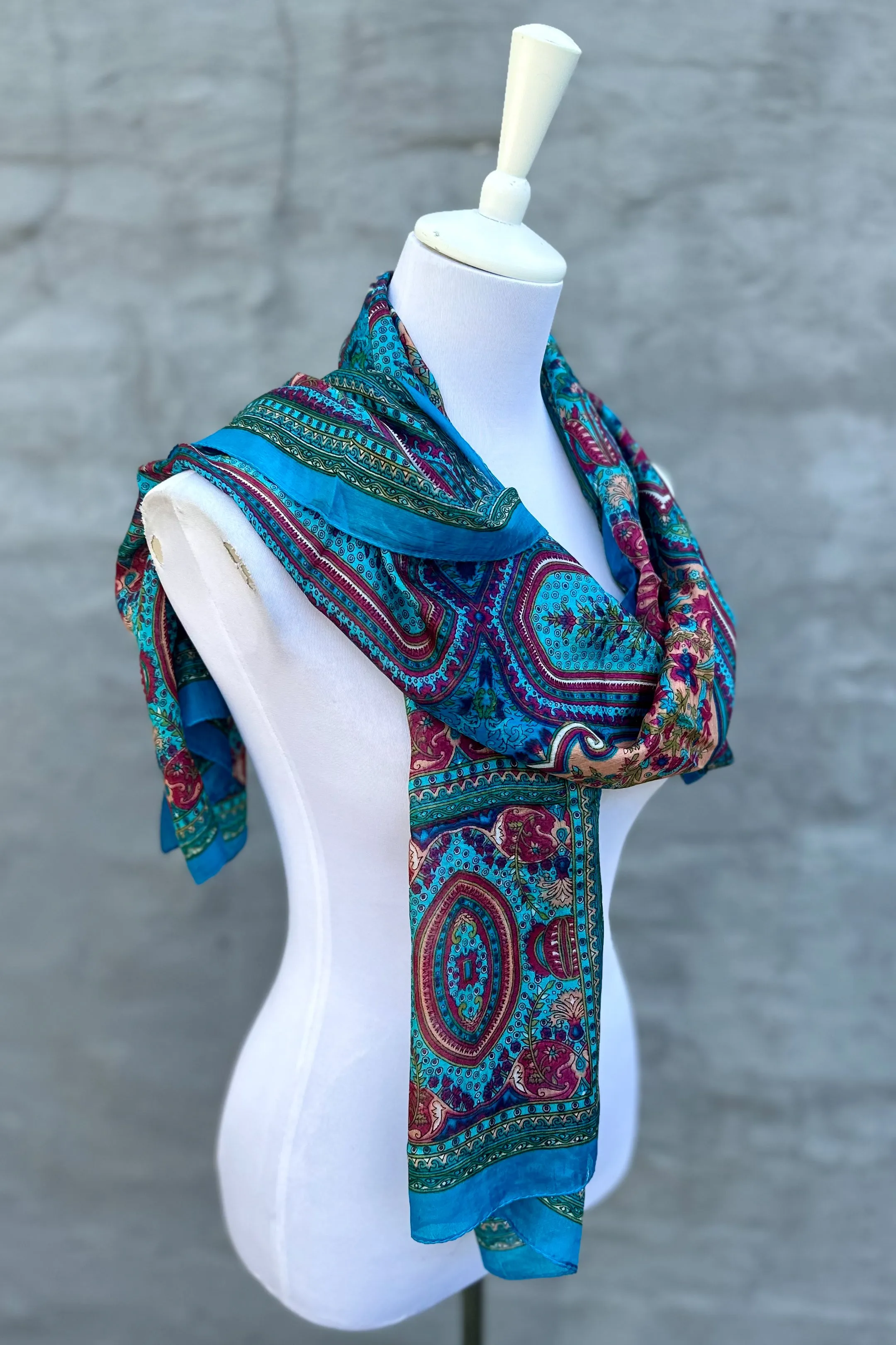 Silk Scarf In Teal & Wine